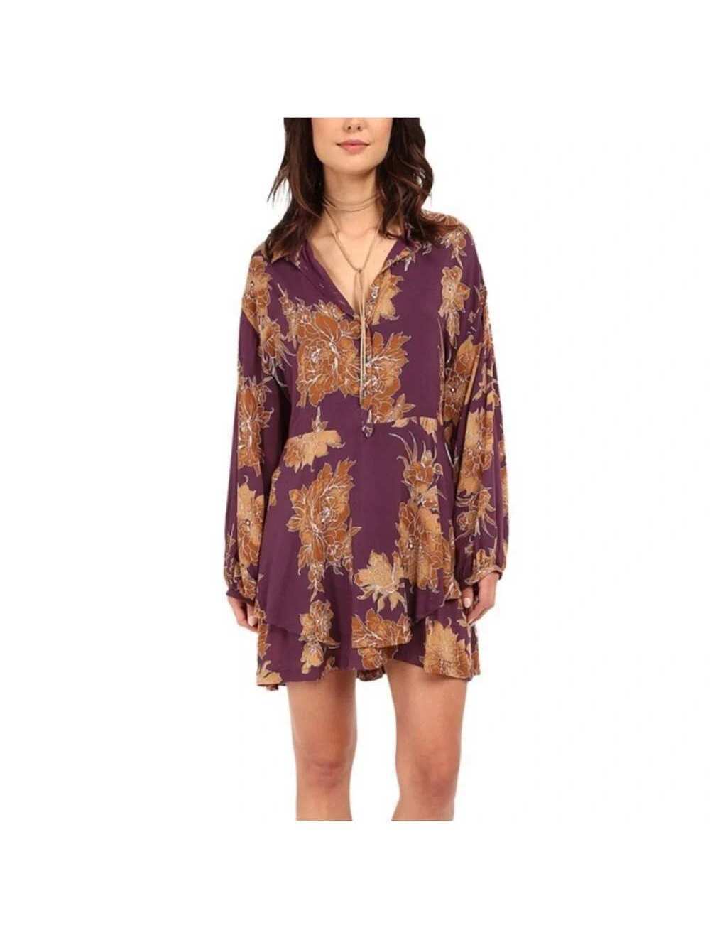 Free People Shake It Floral Long Sleeve Mini Dress Plum Orange Boho Fall Size XS